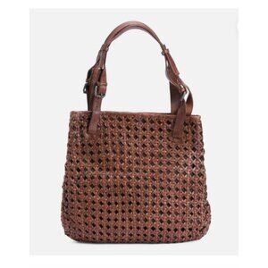 VILENCA HOLLAND Handbag Leather Woven Cut Out Buckle Tote Cognac New